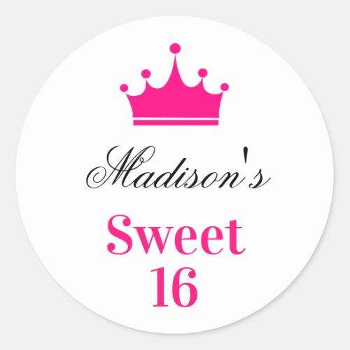 Girly White Hot Pink Sweet 16 Princess Crown Name Classic Round Sticker