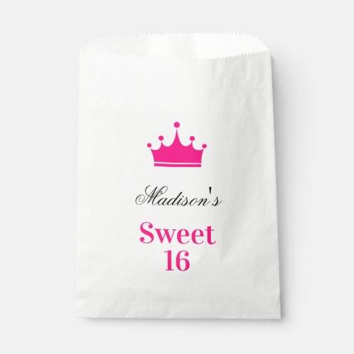Girly White Hot Pink Sweet 16 Princess Crown Name Favor Bag