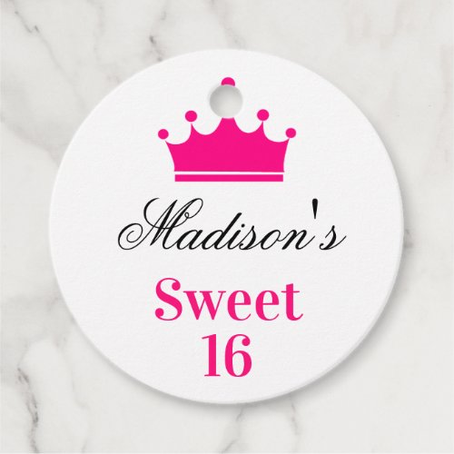 Girly White Hot Pink Sweet 16 Princess Crown Name Favor Tags