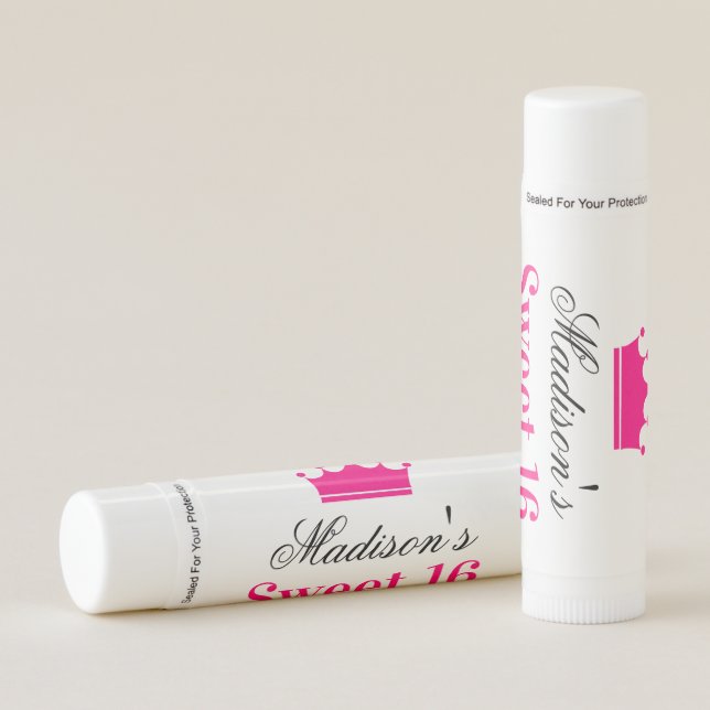 Girly White Hot Pink Sweet 16 Princess Crown Name Lip Balm (Front)