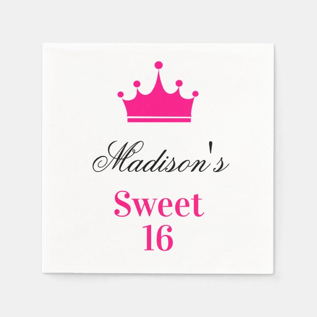 Girly White Hot Pink Sweet 16 Princess Crown Name Napkins (Front)
