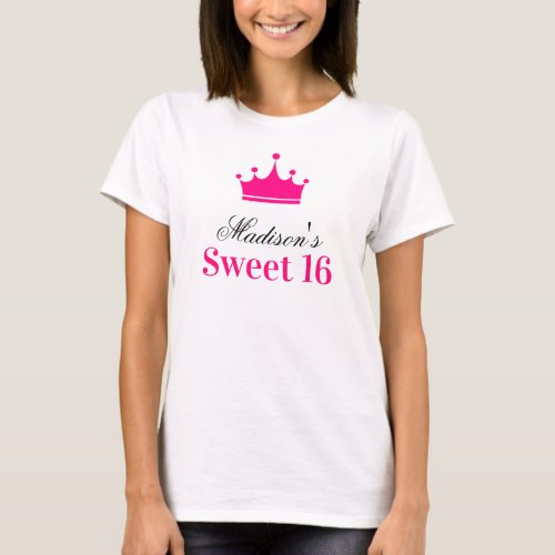 Girly White Hot Pink Sweet 16 Princess Crown Name T_Shirt