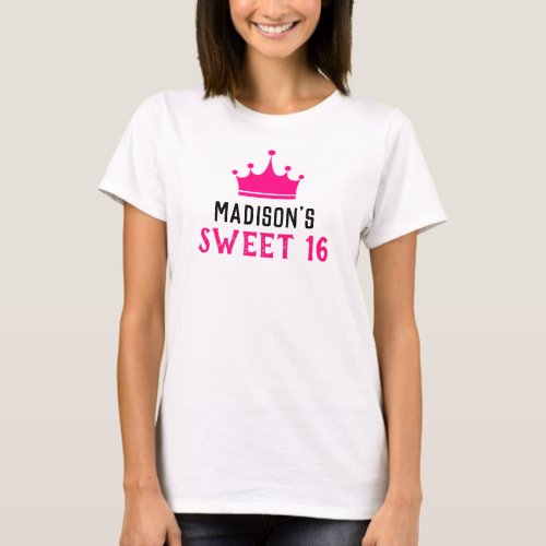 Girly White Hot Pink Sweet 16 Princess Crown Name T_Shirt