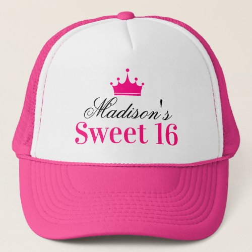 Girly White Hot Pink Sweet 16 Princess Crown Name Trucker Hat