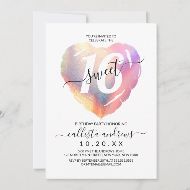 Girly White Iridescent Foil Heart Balloon Sweet 16 Invitation (Front)