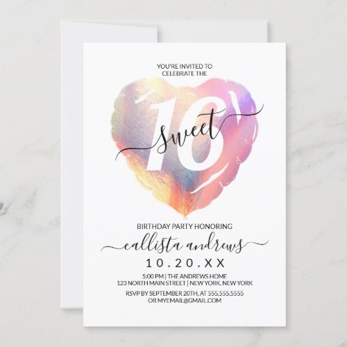 Girly White Iridescent Foil Heart Balloon Sweet 16 Invitation