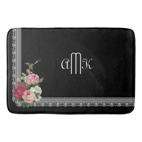 Girly White Lace And Vintage Rose Monogram Bath Mat Zazzle Com