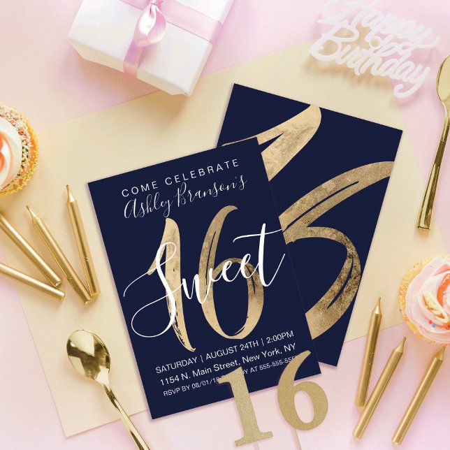 Girly White Navy Blue Gold Foil Sweet 16 Invitation (Creator Uploaded)