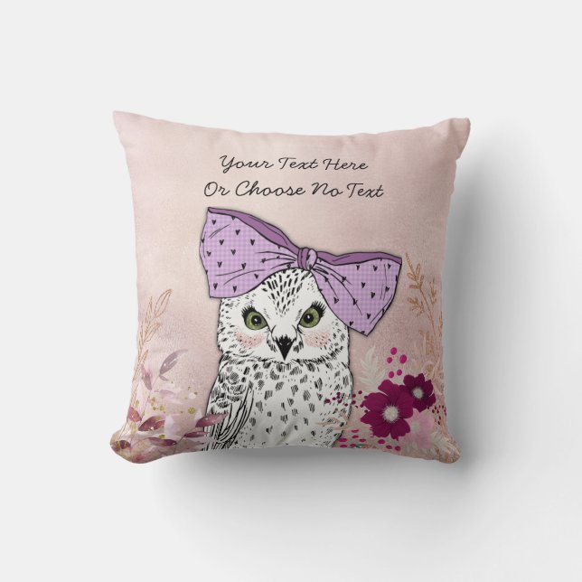 Girly White Owl Pink Gold Burgundy Floral Flowers Throw Pillow (Front)