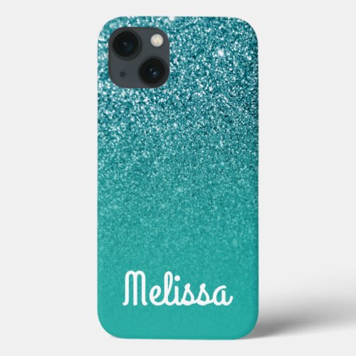 Girly White Personalized Turquoise Ombre Glitter iPhone 13 Case