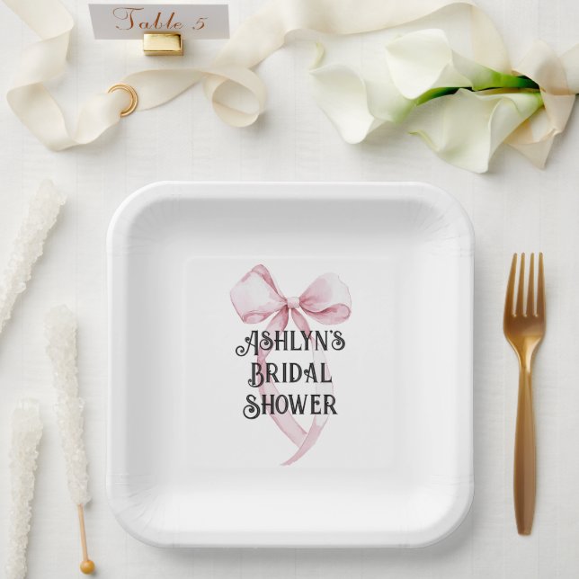 Girly White Pink Bow Bridal Shower Paper Plates (Wedding)