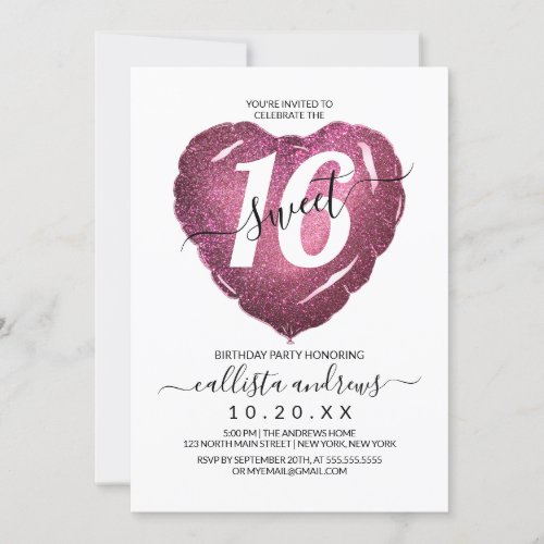 Girly White Pink Glitter Heart Balloon Sweet 16 Invitation