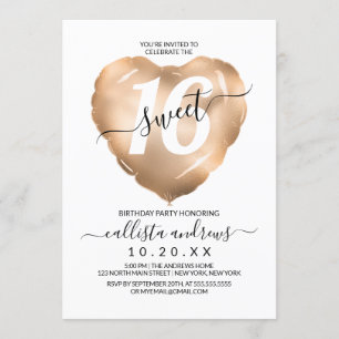 Girly White Pink Gold Foil Heart Balloon Sweet 16 Invitation
