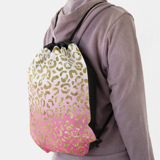 Girly White Pink Gold Glam Leopard Drawstring Bag (Insitu)