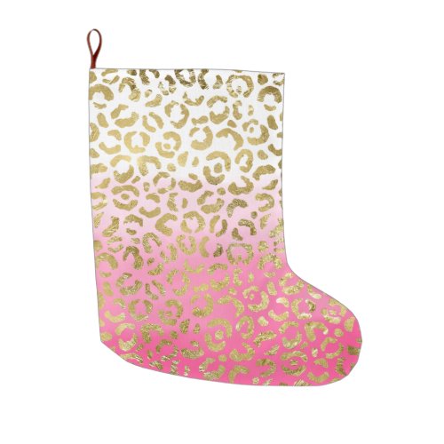 Girly White Pink Gold Glam Leopard Large Christmas Stocking