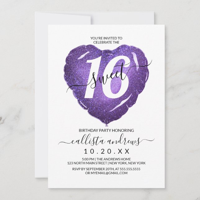 Girly White Purple Glitter Heart Balloon Sweet 16 Invitation (Front)