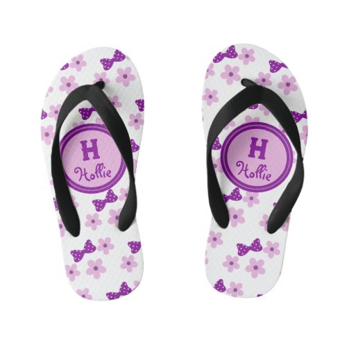 Girly White Purple Pink Floral Butterflies Bow  Kids Flip Flops