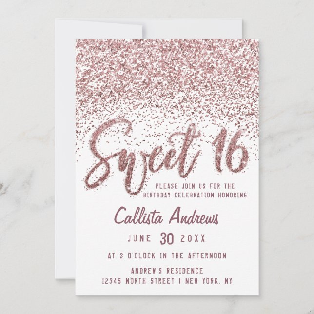 Girly White Rose Gold Scattered Glitter Sweet 16 Invitation (Front)