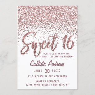 Girly White Rose Gold Scattered Glitter Sweet 16 Invitation