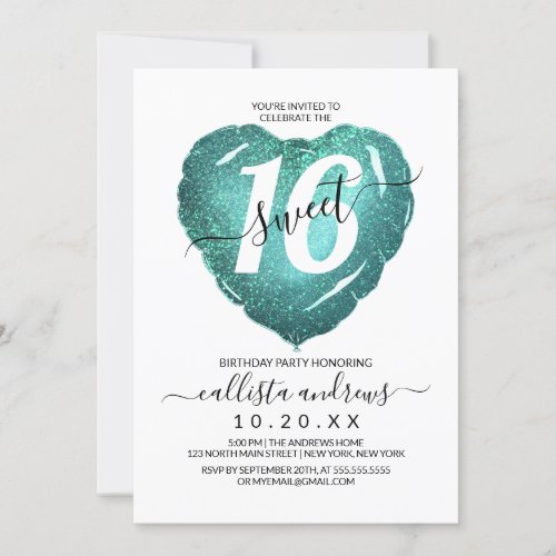 Girly White Teal Glitter Heart Balloon Sweet 16 Invitation