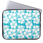 Girly White Tropical Hibiscus Pattern on Turquoise Laptop Sleeve
