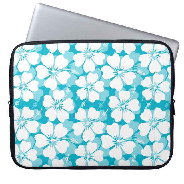 Girly White Tropical Hibiscus Pattern on Turquoise Laptop Sleeve (Front)