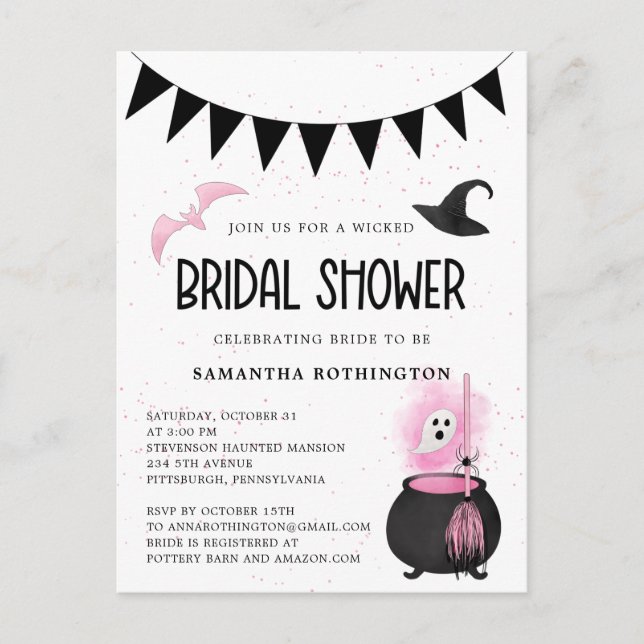 Girly Wicked Halloween Bridal Shower Invitation  Postcard (Front)