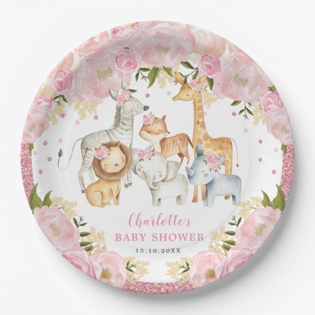 Girly Wild Baby Animals Jungle Safari Birthday Paper Plates (Front)