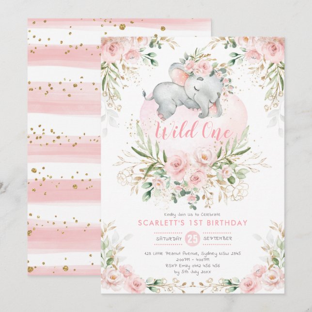 Girly Wild One Elephant Blush Floral 1st Birthday Invitation (Front/Back)