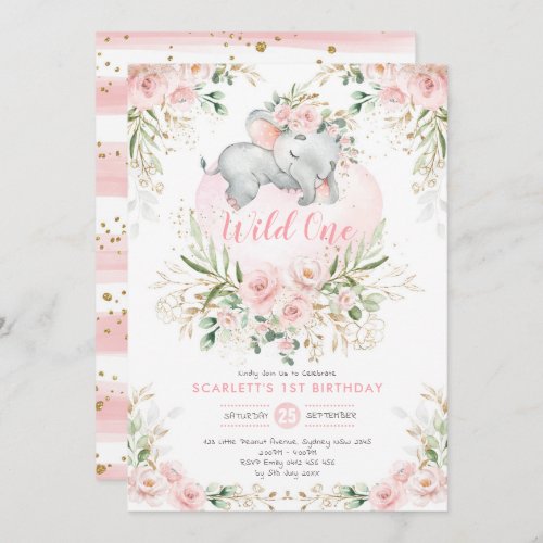 Girly Wild One Elephant Blush Floral 1st Birthday Invitation
