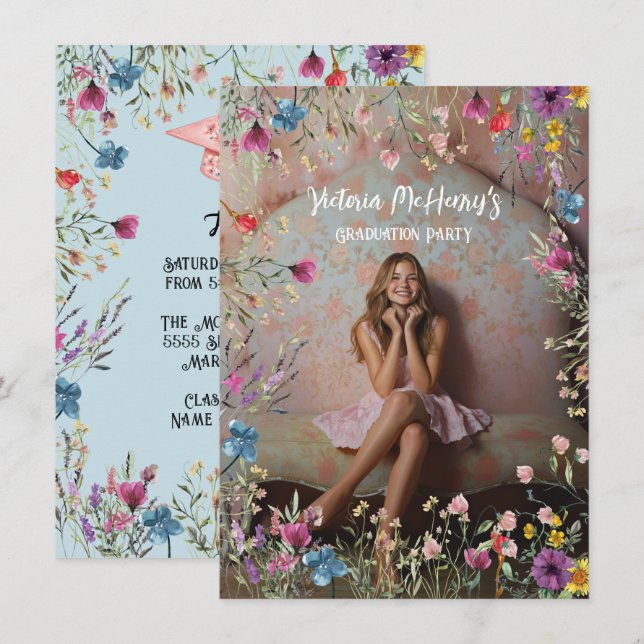 Girly Wildflower Pastel Graduation Party Invitation (Front/Back)