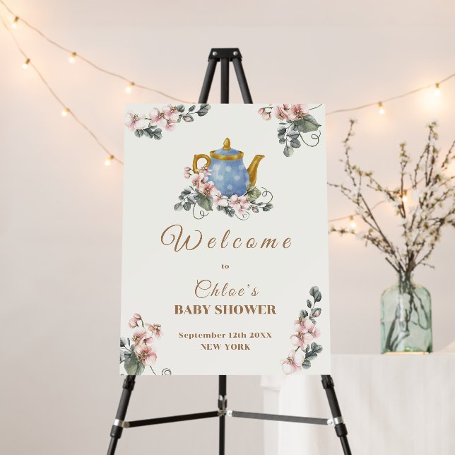 Girly Wildflower Tea Baby Shower Welcome Sign (In Situ (Stand))