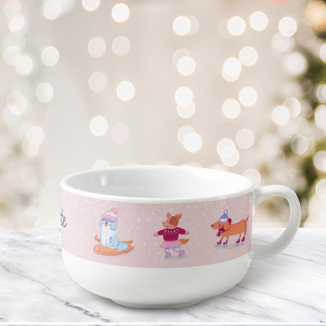 Girly Winter Cute Ice Skating  Dogs Name Pink  Soup Mug (Creator Uploaded)
