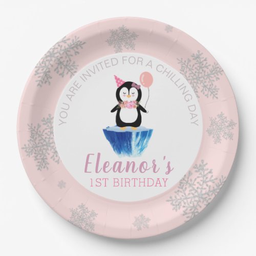 Girly Winter Cute Penguin Pink Birthday Paper Plates