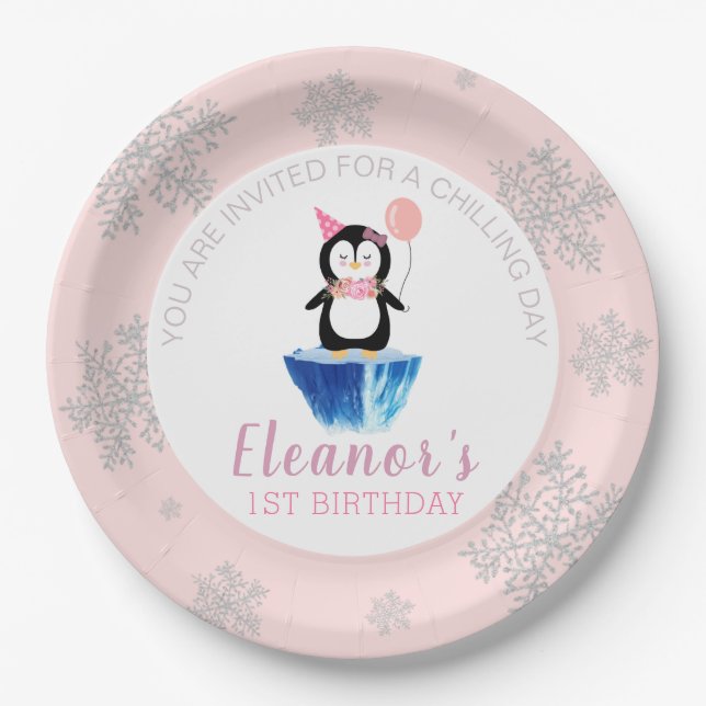 Girly Winter Cute Penguin Pink Birthday Paper Plates (Front)