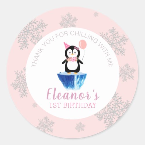 Girly Winter Cute Penguin Pink Birthday Thank You Classic Round Sticker