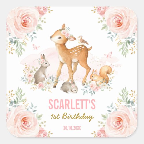 Girly Woodland Animals Blush Pink Floral Birthday Square Sticker
