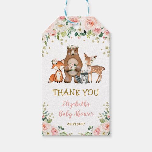 Girly Woodland Animals Pink Floral Baby Shower Gift Tags
