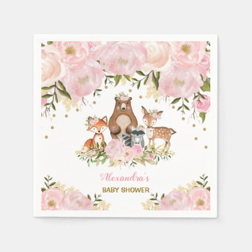 Girly Woodland Animals Pink Gold Peonies Forest Napkins