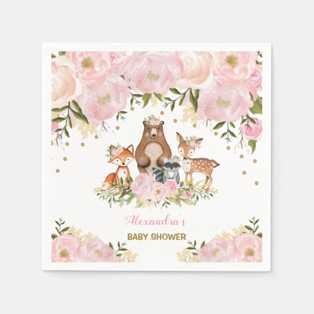 Girly Woodland Animals Pink Gold Peonies Forest Napkins (Front)