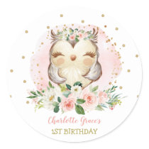 Girly Woodland Baby Owl 1st Birthday Party Favors Classic Round Sticker