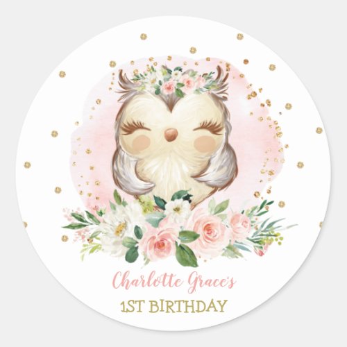 Girly Woodland Baby Owl 1st Birthday Party Favors Classic Round Sticker