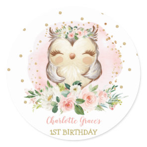 Girly Woodland Baby Owl 1st Birthday Party Favors Classic Round Sticker