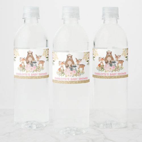 Girly Woodland Baby Shower Blush Pink Floral Favor Water Bottle Label