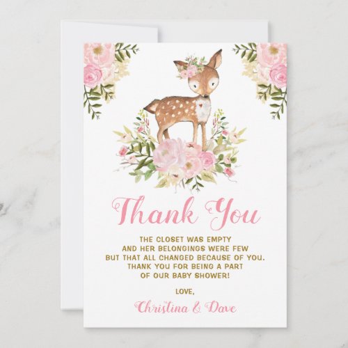 Girly Woodland Deer Baby Shower Birthday Thank You Card