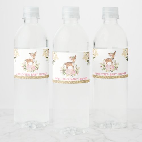 Girly Woodland Deer Baby Shower Pink Floral Favor Water Bottle Label