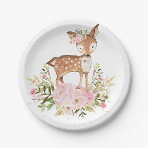 Girly Woodland Deer Pink Floral Forest Birthday Paper Plates