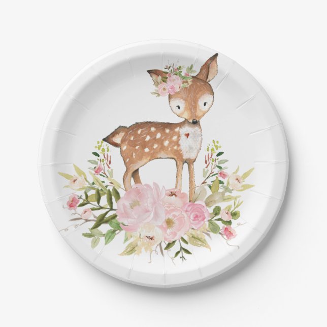 Girly Woodland Deer Pink Floral Forest Birthday Paper Plates (Front)
