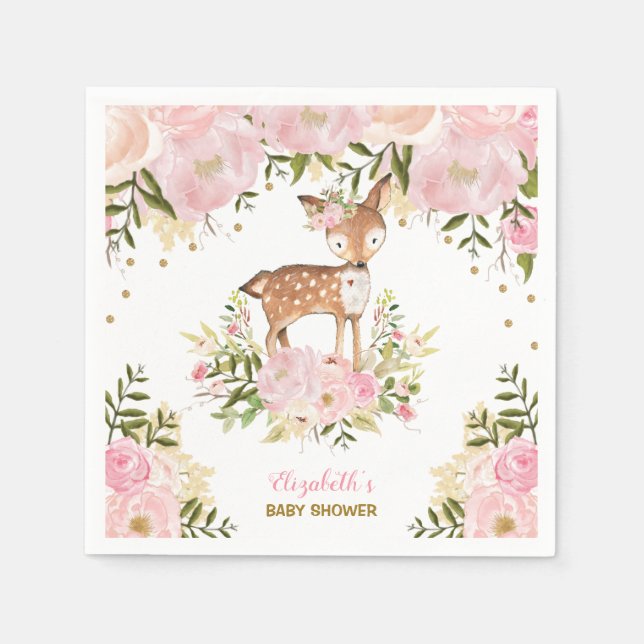 Girly Woodland Deer Pink Gold Peonies Forest Napkins (Front)