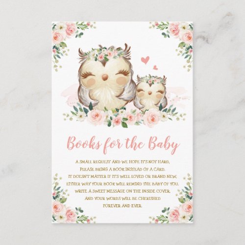 Girly Woodland Floral Owl Bring a Book for Baby Enclosure Card